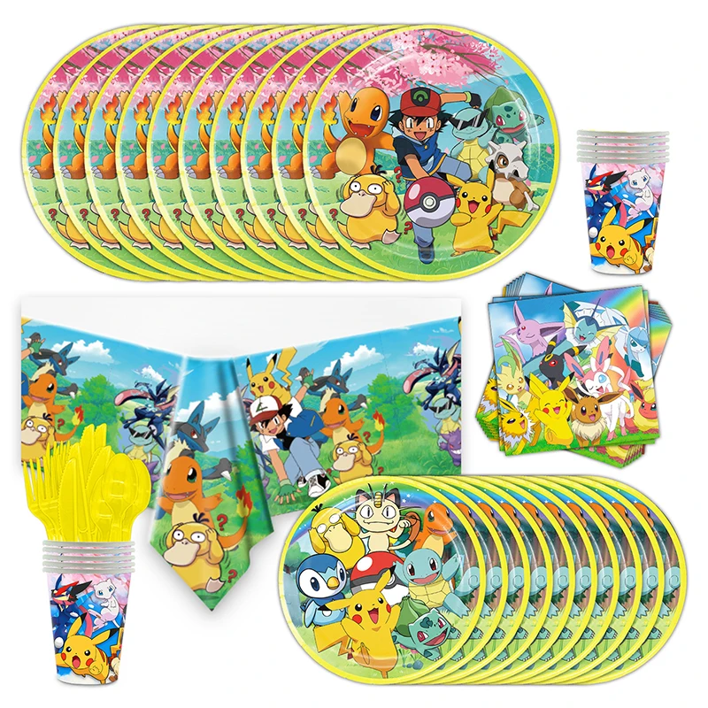 1Set Anime Pokemon Pikachu Party Supplies Kid's Birthday Party Cutlery Banner Plate Cups Pikachu