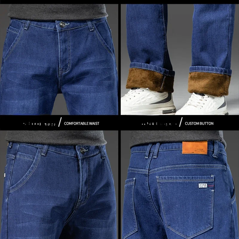 Denim Pants Denim Trousers Men's Fleece Jeans Winter New Plus Size 44 46 Thick Warm Straight Stretch Male Business Casual Work Denim Thicken Trousers