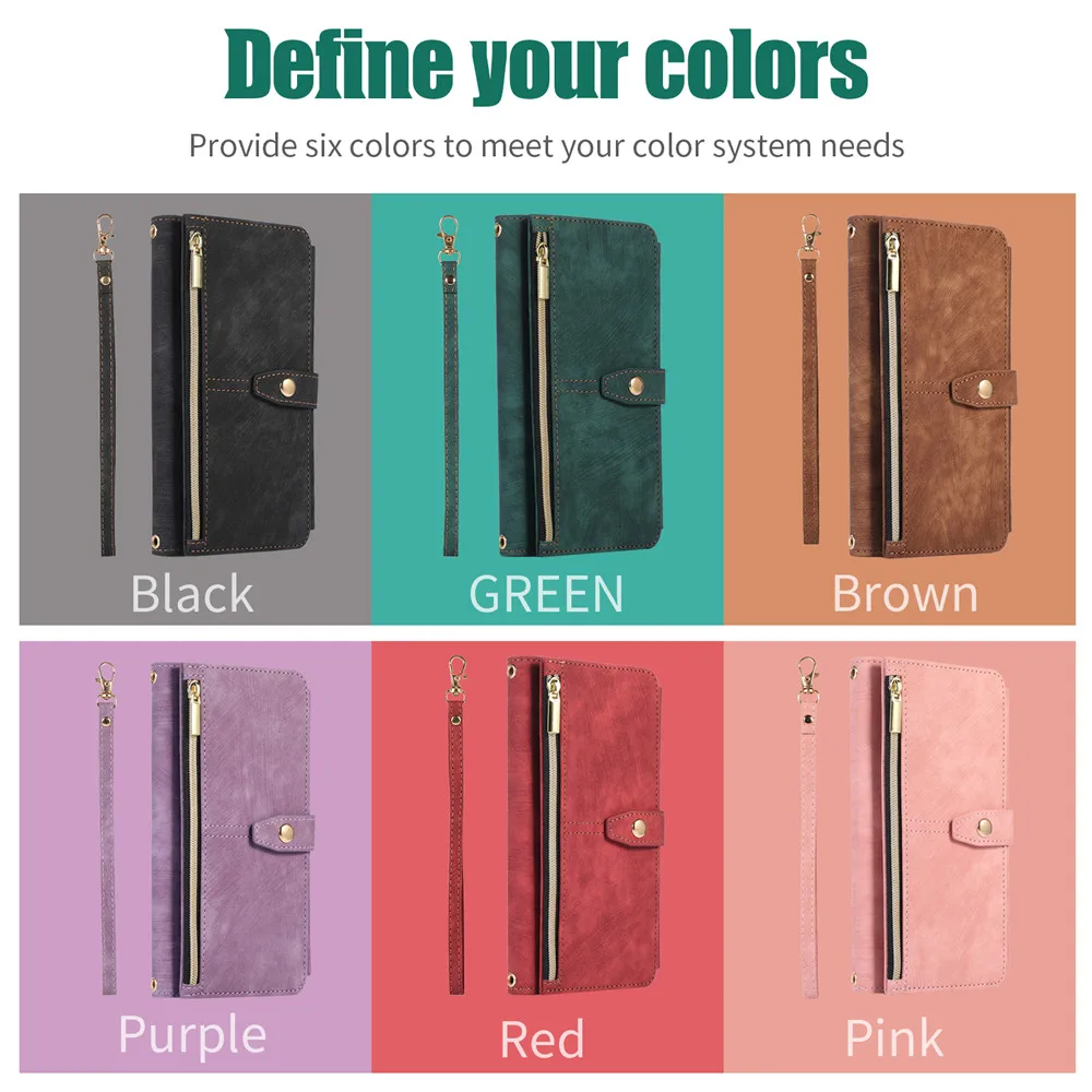 Luxury Leather Flip Wallet Case with Multi 9-Card Slot and Zipper Etui
