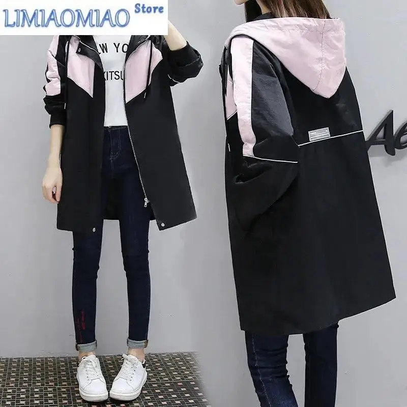 New Oversized Women Windbreaker With Lining Spring Autumn Korean Casual Temperament Zipper Dovetail Jacket With Hooded Female