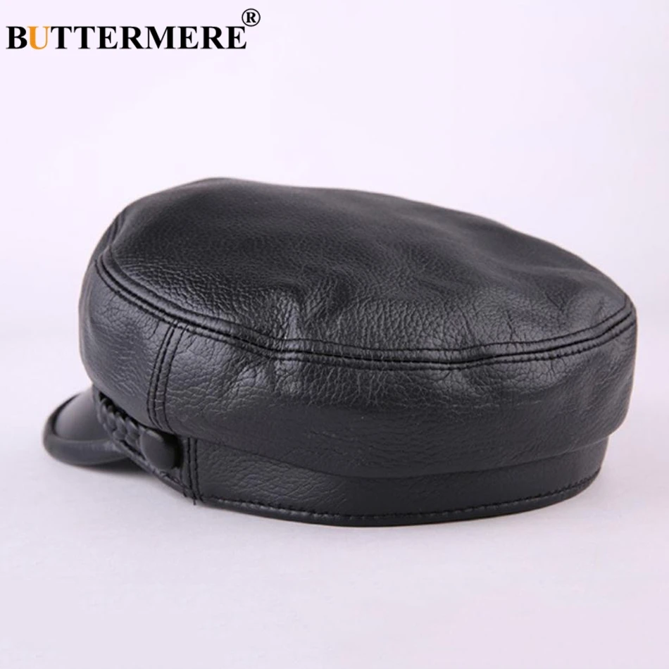 BUTTERMERE Women Newsboy Hats Black Leather Flat Caps Ladies Casual Genuine Sheepskin Leather Winter Classic Painter Caps Sailor