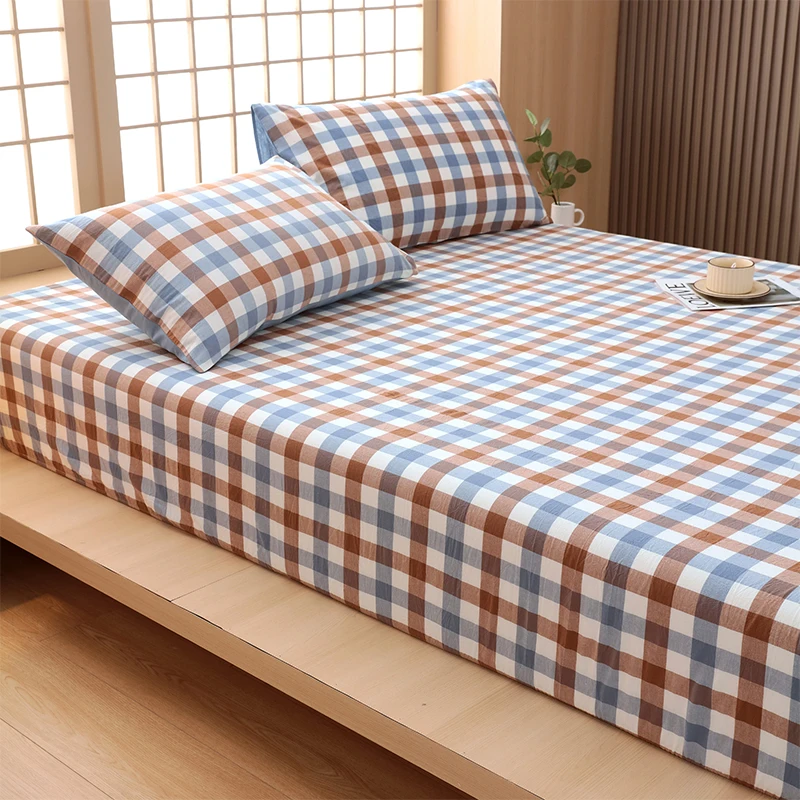 2025 New All-cotton Yarn-dyed Single Bed Hat Printed Checked Washed Mattress Cover Wrap Bed Cover 360 Degrees with Elastic 3