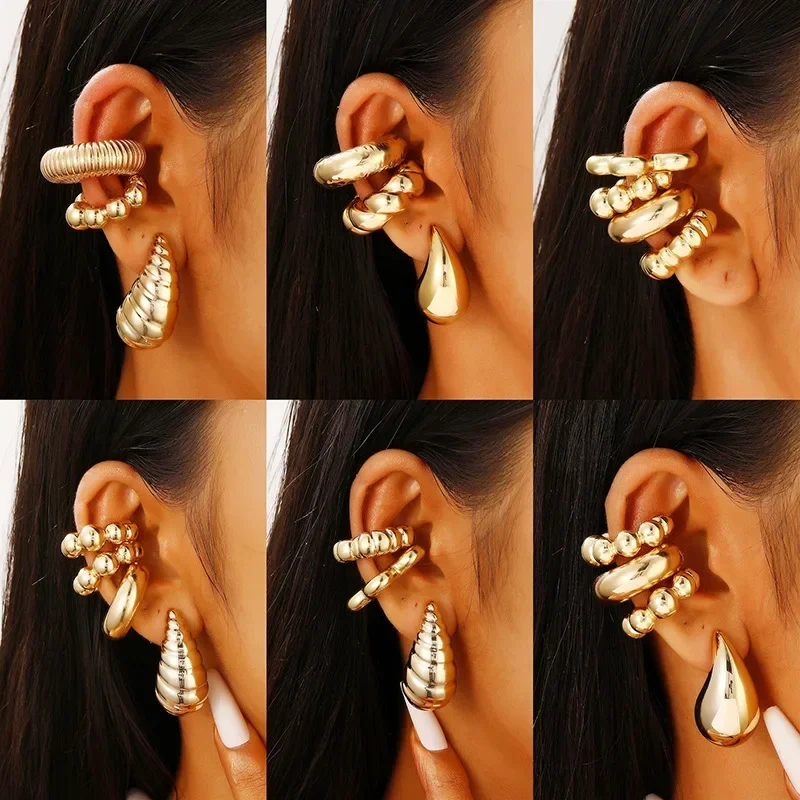 Clip Earrings 4Pc/set Vintage Geometric Women Glossy C Shape No Piercing Fake Cartilage Ear Cuff