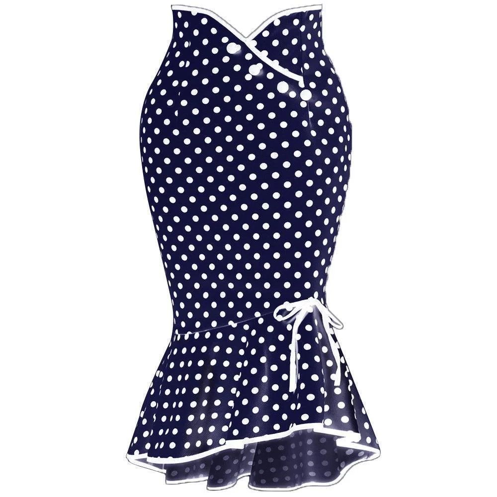 2025 Midi Skirt Womens Ruffles Bodycon Fishtail Skirt Retro Polka Dot Casual Party Pencil Skirt Midi Wrap Skirt Plus Size Skirts 5