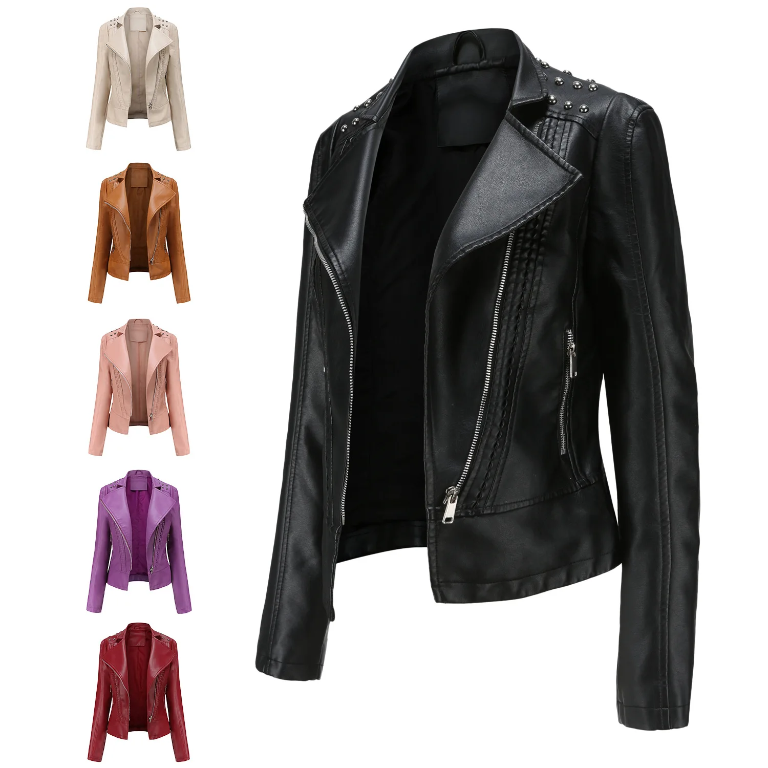 

2022 New Spring Autumn Women's Leather Clothing PU Leather Thin Zipper Slim Casual Fashion Jacket Women's Motorcycle Clothing