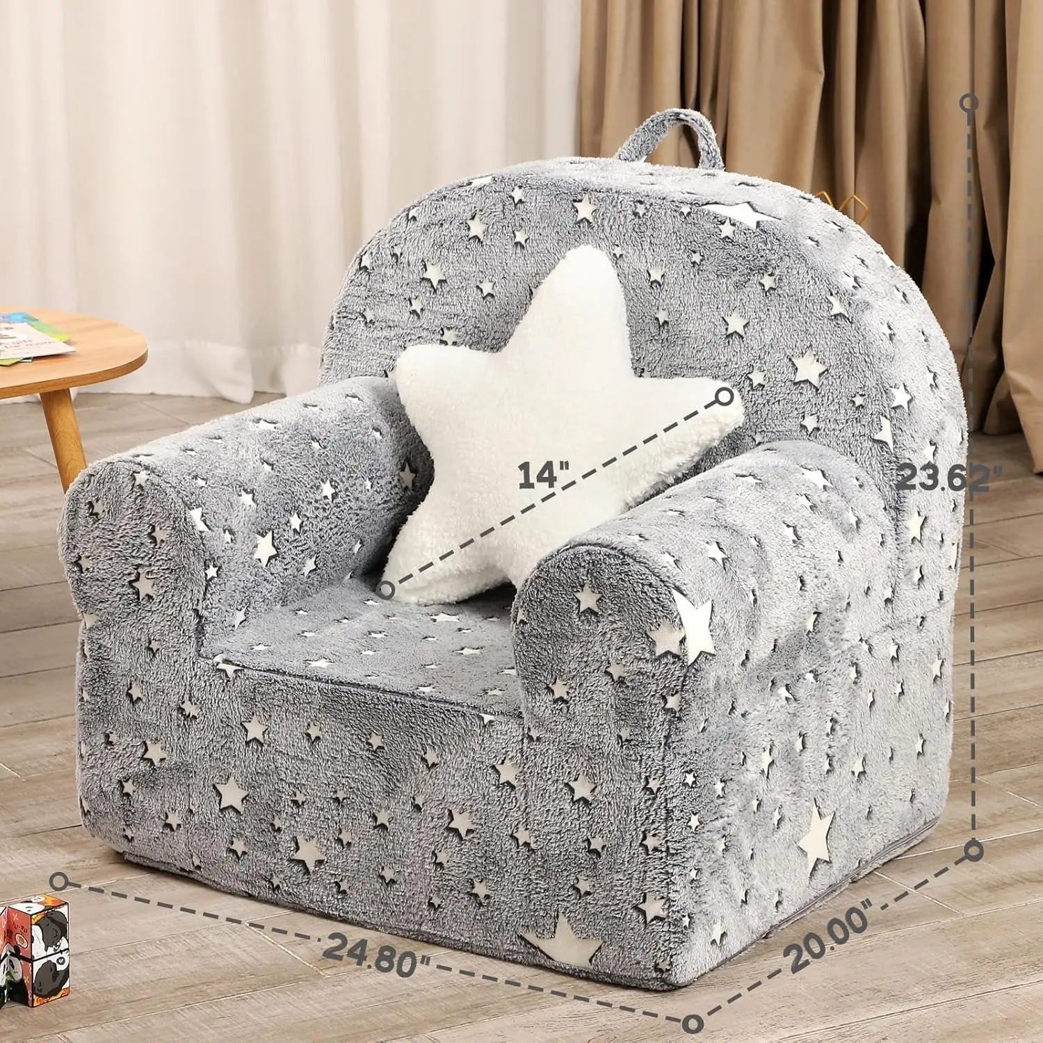 Little Star Kids Sofa with Star Throw Pillow, High Back Toddler Chair Glow in The Dark for Boys and Girls, Grey 3