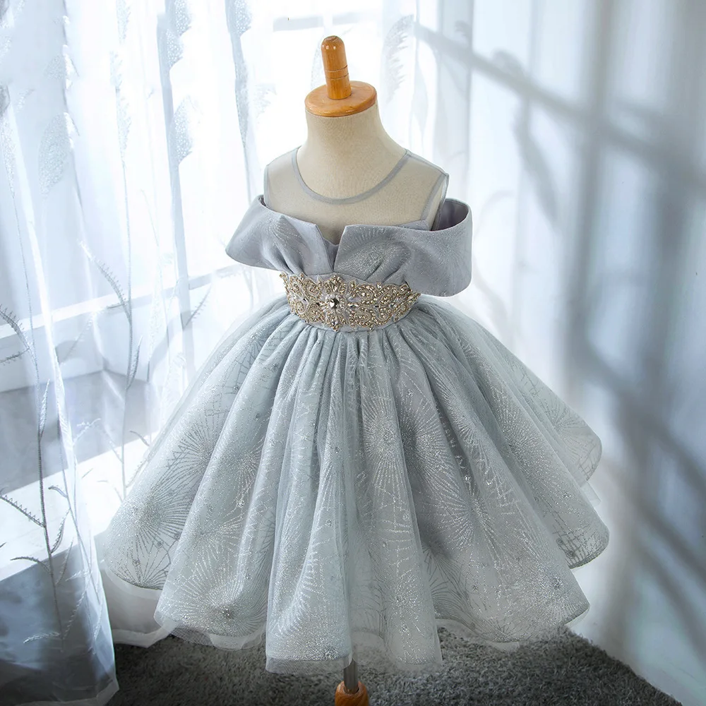 

New Baby Girl Princess Vintage Dress Tulle Children Vestido Rhinestone Kids Wedding Party Birthday Tutu Dress Glitter Clother