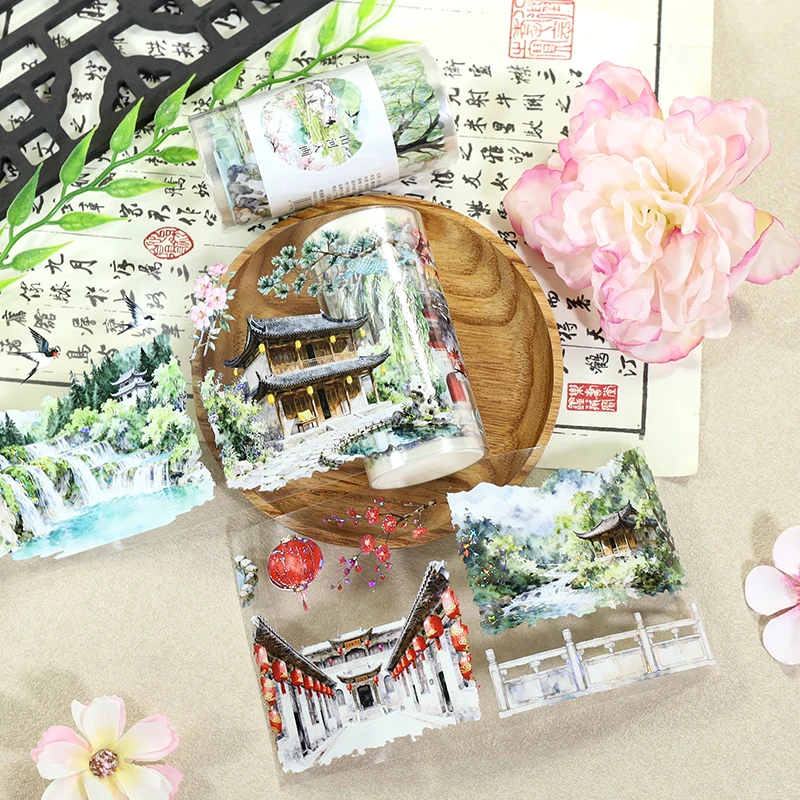8cm * 2m 중국 복고풍 건축 PET Washi 테이프 폭포 투명 스티커 일기 스크랩북 용 장식 접착 테이프