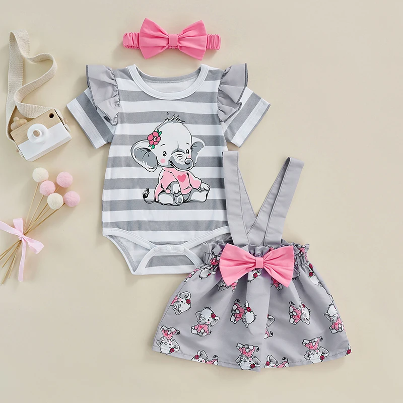 0-18M Girls Summer 3-Pack Suit Short Sleeve Ruffled Baby Elephant Stripe Jumpsuit + Elephant Print Slip Dress + Pink Headband