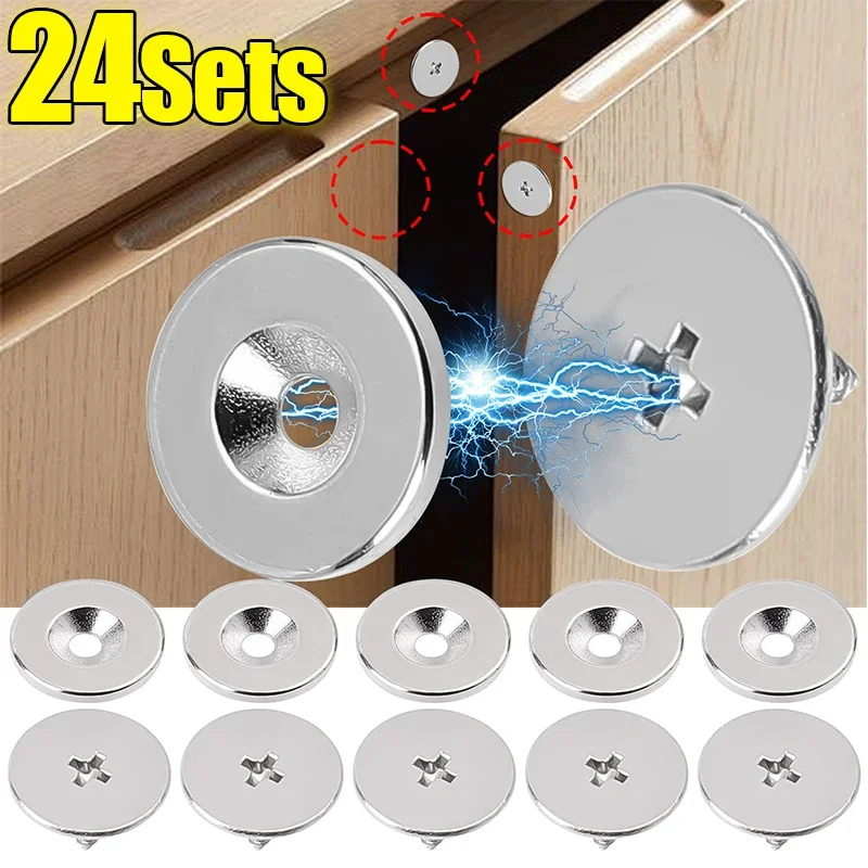 Magnetic Cabinet Latches Cabinet Magnetic Snaps Drawer Cupboard Door Magnet Clasps With Screws Hidden Closing Circle Kitchen Wardrobe Seal Snap 1/24Sets magnetic cabinet catches magnetic cabinet latches