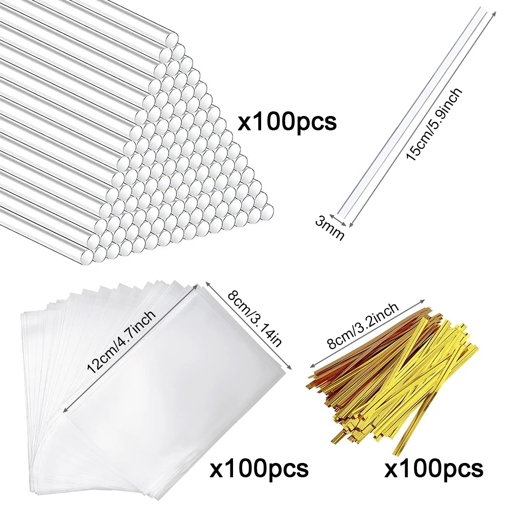 100Pcs DIY 롤리팝 스틱 투명 셀로판 가방 키트 케이크 팝 롤리팝 캔디 초콜릿 컵케익 토퍼를 만들기위한 종이 스틱