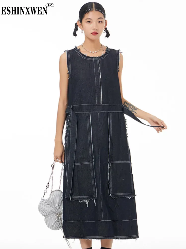 

Eshin Denim Round Collar Sleeveless Loose Waist Color Contrast Dress For Women 2024 Spring Fashion Female New Clothing TH5888