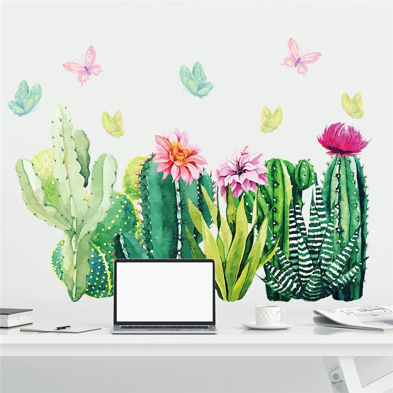 

Blooming Cactus Flower & Butterfly Wall Stickers For Living Room Home Decoration Diy Pastoral Mural Art Plant Decals Pvc Posters