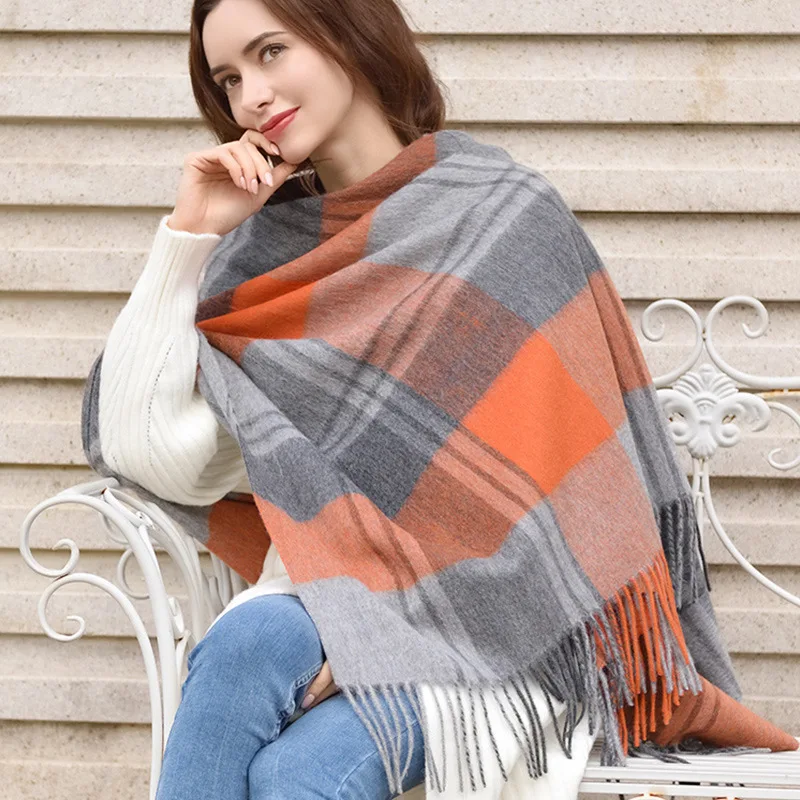 100% Wool Scarf Women Thicken Cashmere Winter Scars Shawls Plaid