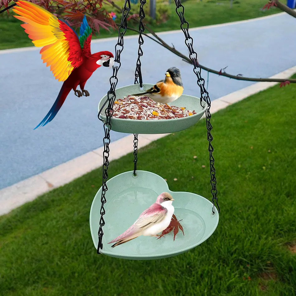 1pc Double Heart Shaped Bird Feeder with Three Chain, Double Hanging Tree Bird Feeder, Outdoor Balcony Garden Feeder, Water