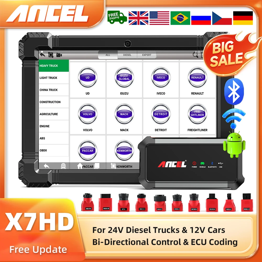 2026 Ancel X7 HD Diesel Heavy Duty Truck Diagnostic Tool ECU Oil Reset Bi-directional 24V 12V All System OBD2 Truck Scanner