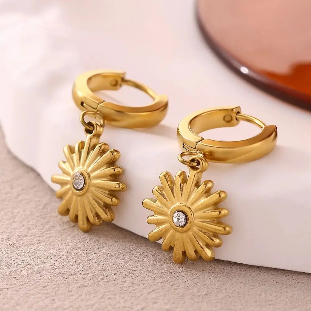 Stainless Steel Sunflower Dangle Earrings for Women Gold Color Geometric