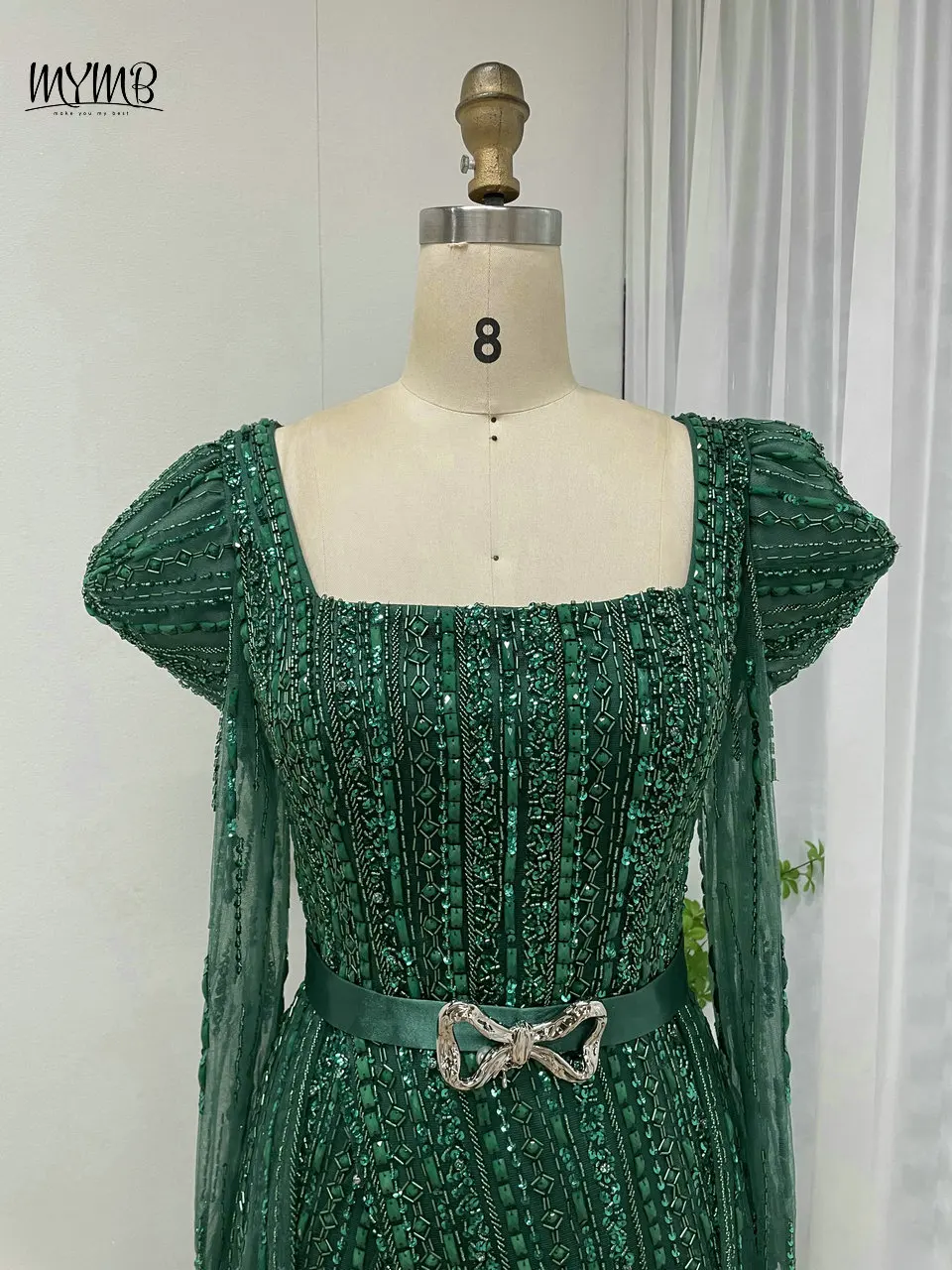 MYMB Elegante grüne lange Ärmel Abendkleider für Frauen Party Arabisch Modest Perlen High Split neue Meerjungfrau Hochzeit Party Kleider – Detail 5