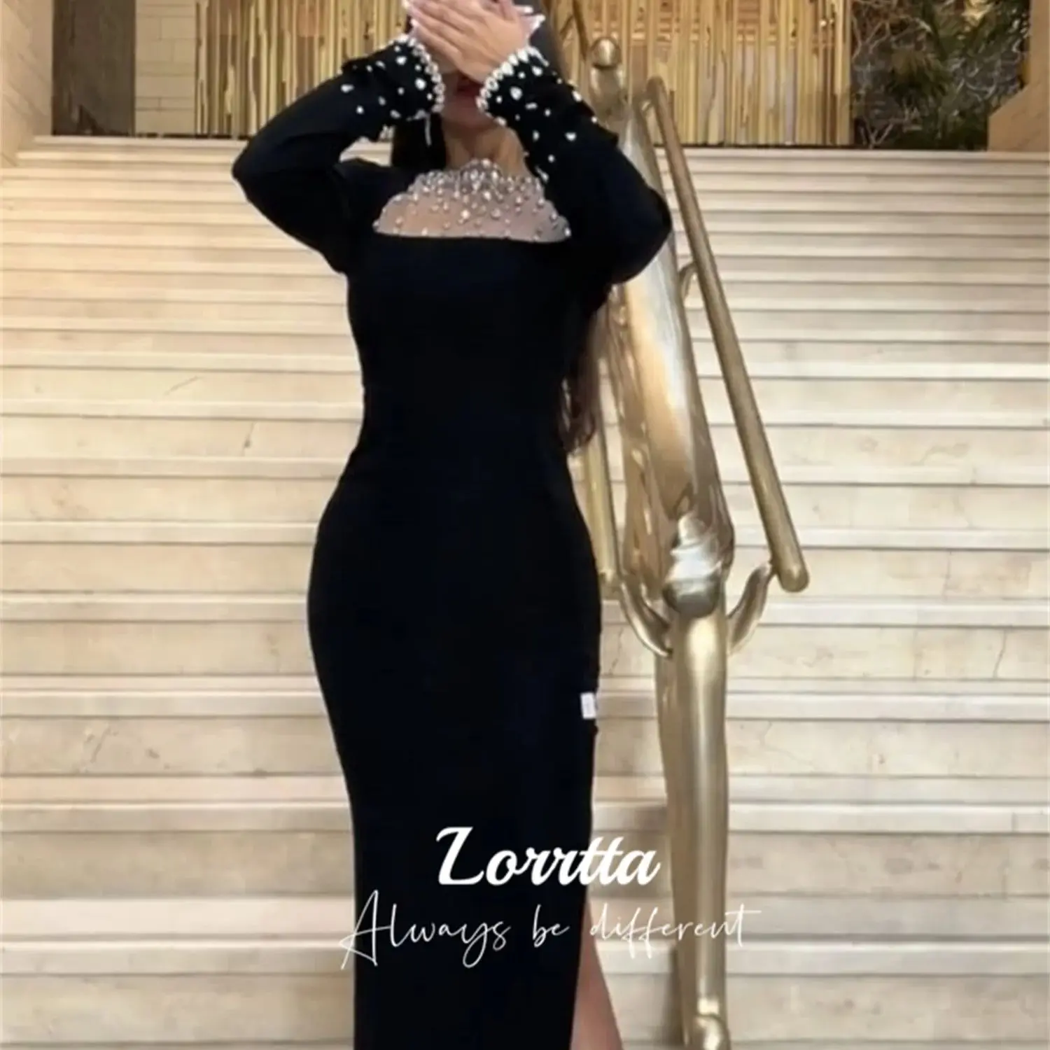 

Официальное Платье Lorrtta с черными бусинами и кристаллами, сексуальное женское платье до щиколотки с разрезом, высококачественное вечернее платье с юбкой-годе на молнии