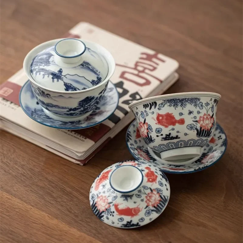 Blue and White Porcelain Sancai Covered Bowl, Single Tea Bowl with Lid, Non Scalding Kungfu Tea Set, Household Ceramic Maker