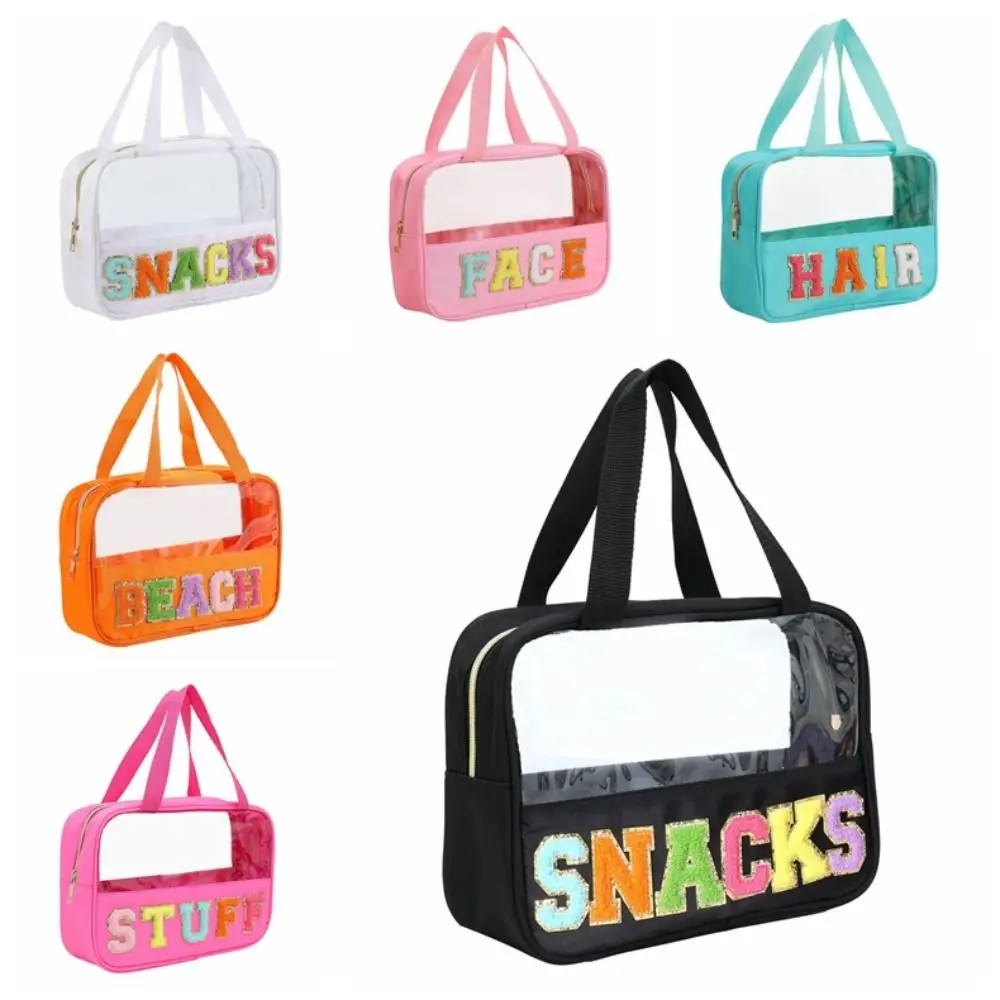 Chenille Letter Patch Snack Bags PVC Zipper Clear Bag Plush Cosmetic Bag