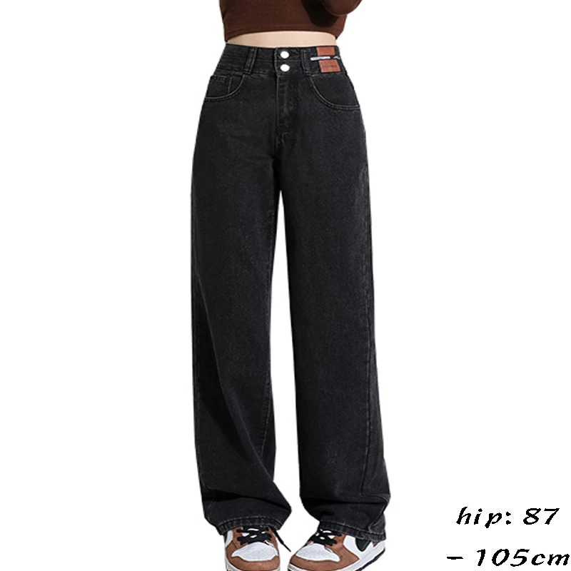 High quality long jeans for women wide leg high waist cotton denim casual young ladies casual trousers - blue black
