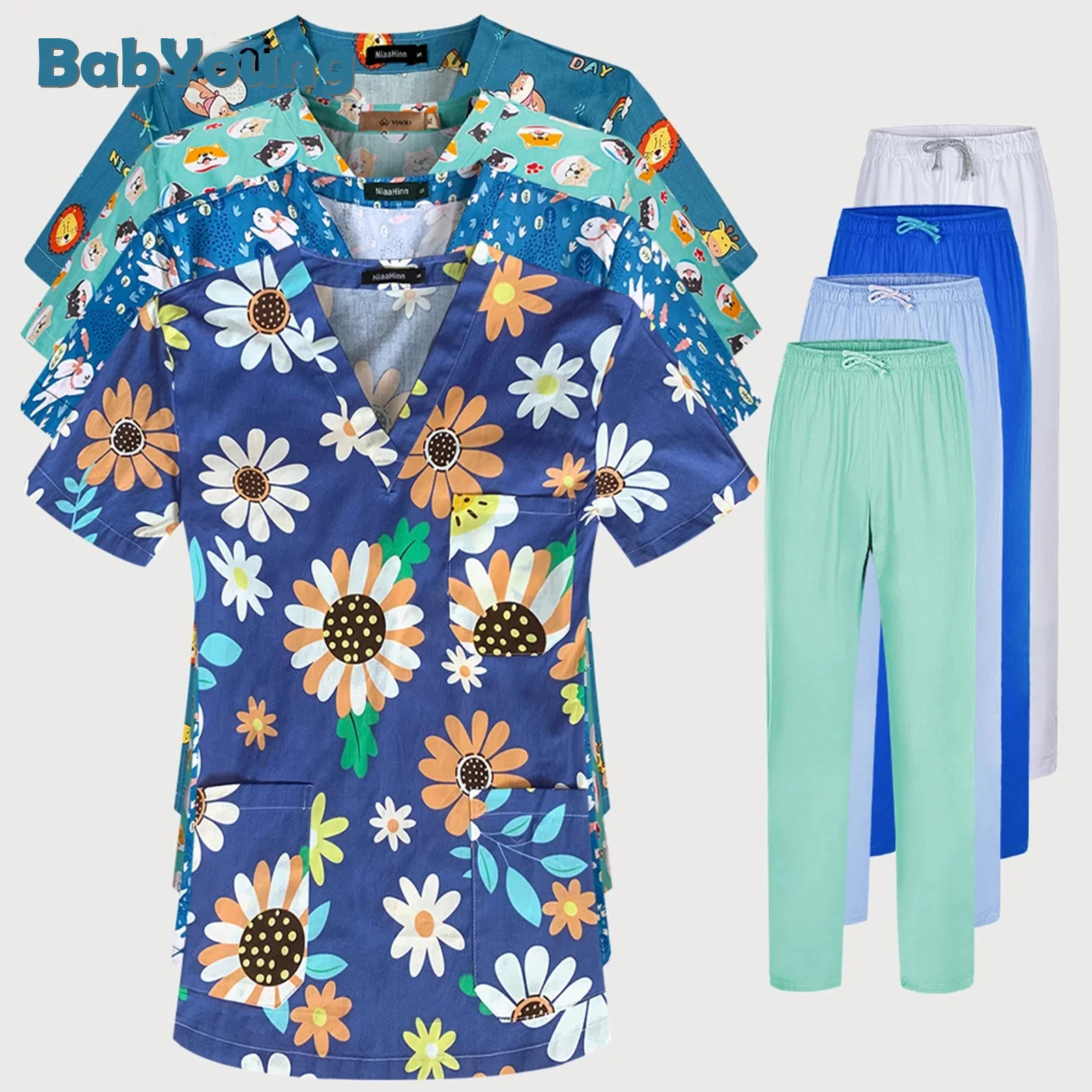 Print Scrub Tops With 3Pocket Women Men Short Sleeve Shirts Medical Nurse Uniforms Cartoon Clinical Work Blouse Ladies T-shirts