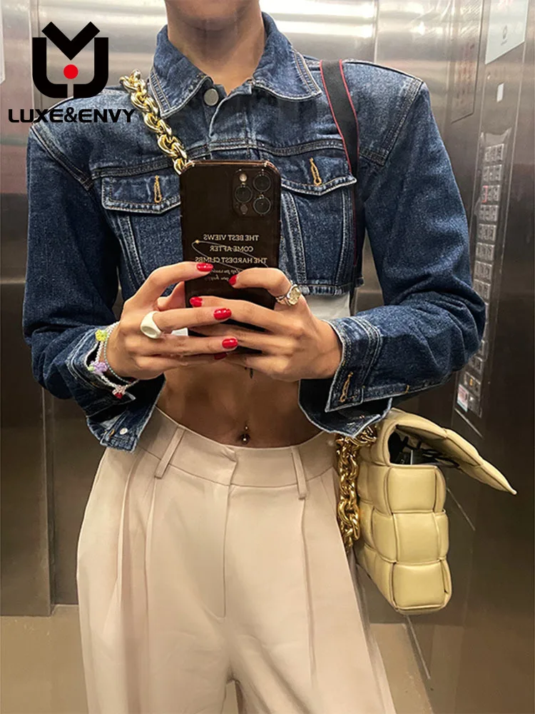 

LUXE&ENVY Autumn Winter Fried Street Fashionable Girl Vintage Short Jean Jacket Women's Shoulder Top