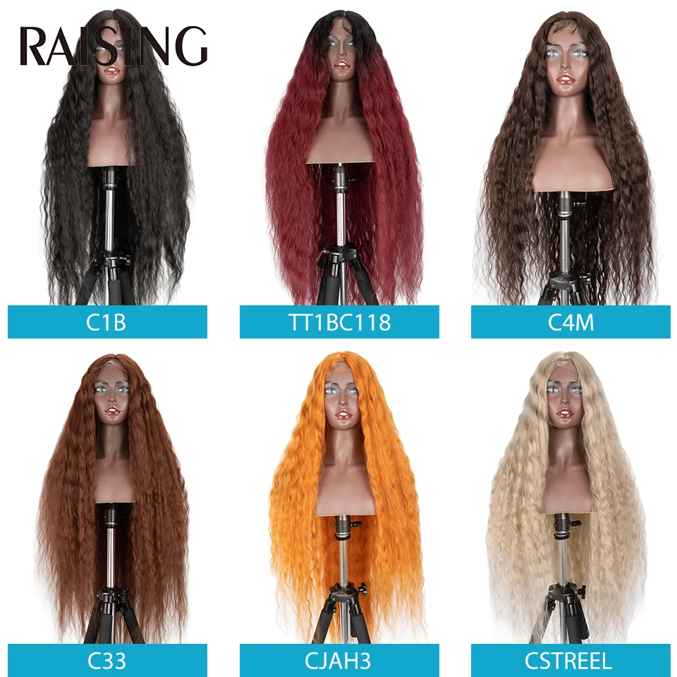 Raising Wholesale Deep Wave Lace Wig Synthetic Curly Hair Scalp Wigs For Black Women Ombre Cheap Long Hair Wigs Pre-plucked 40in
