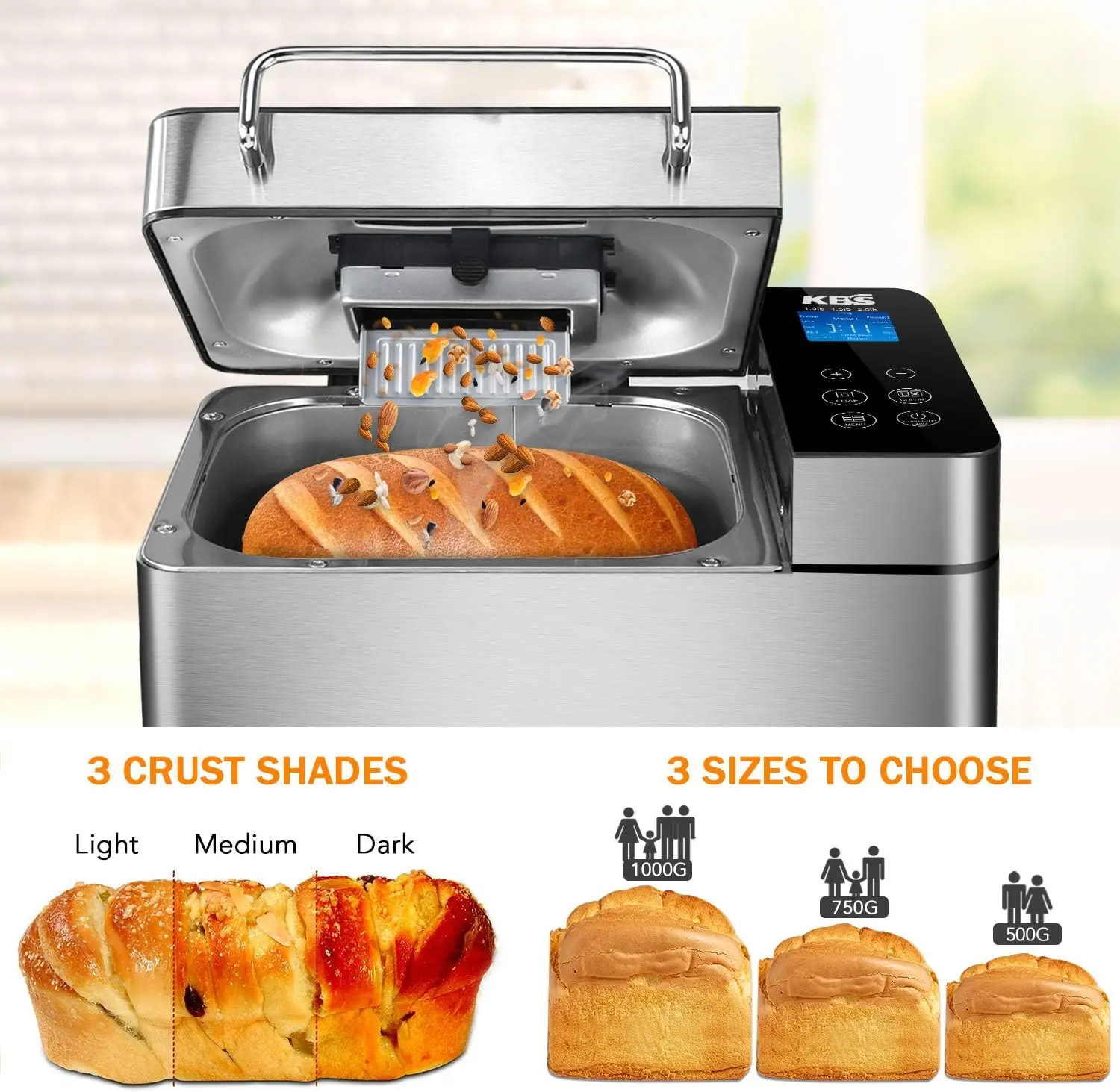 Stainless Steel Bread Machine, 2LB 17-in-1 Programmable XL Bread Maker with Fruit Nut Dispenser, Nonstick Ceramic Pan& D