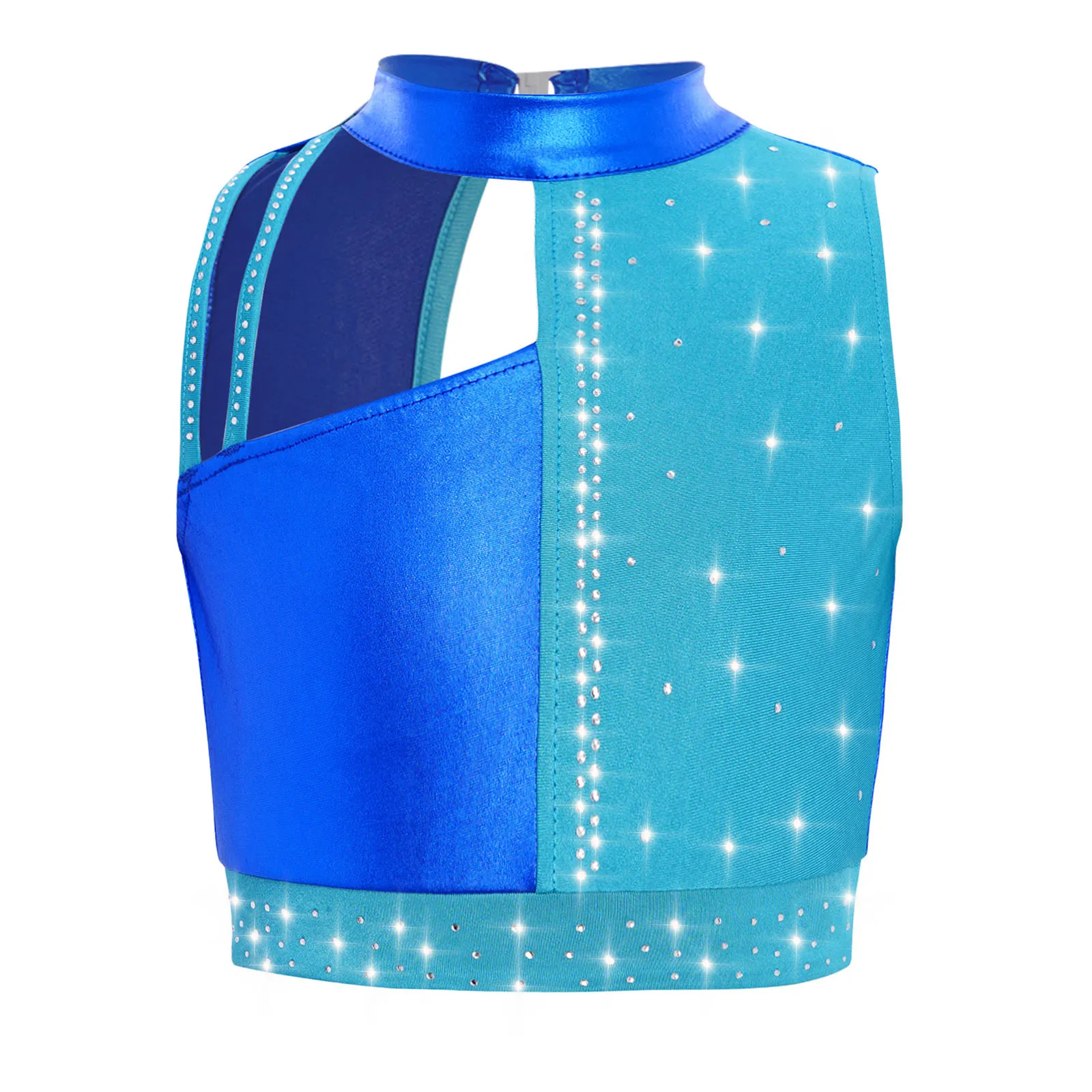 Kinder Mädchen Gymnastik Tanz Tops Praxis Performance Kostüm Stehkragen Ärmellos Ausschnitt Glänzende Strasssteine Metallic Crop Top – Detail 18