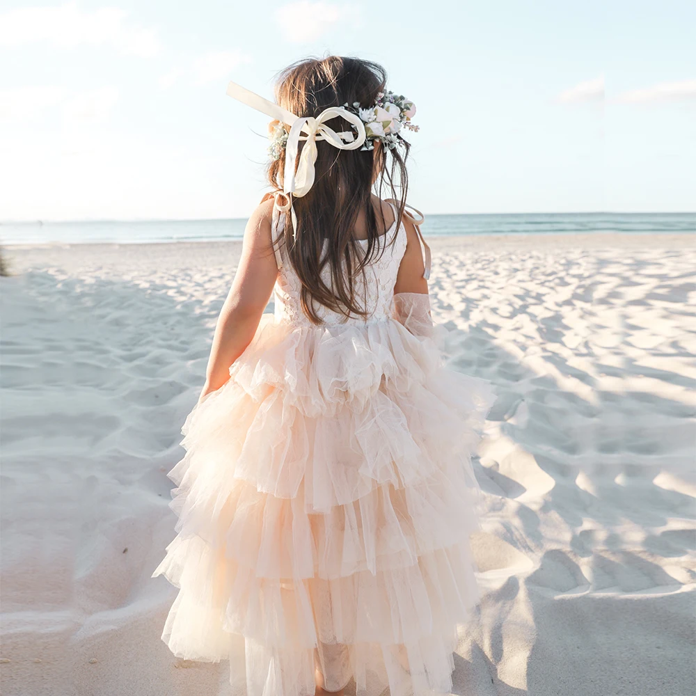 Summer Girls Sleeveless Strap Princess Dress Kids Lace Flower First Communion Dresses Children New Fashion Beach Tulle Clothes