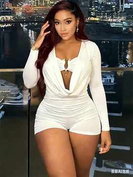 Sisterlinda Swinging Neck Playsuits Women Solid Metal Splice Cleavage Full Sleeve Stretch Sexy Slim Romers Chic Trend Clubwear 1