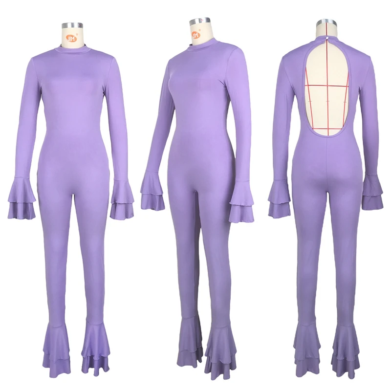 Women Solid Skinny Jumpsuits Autumn Winter Long Flare Sleeve Sexy Backless Ruffle One Piece Overall Rompers Club Party Bodysuit