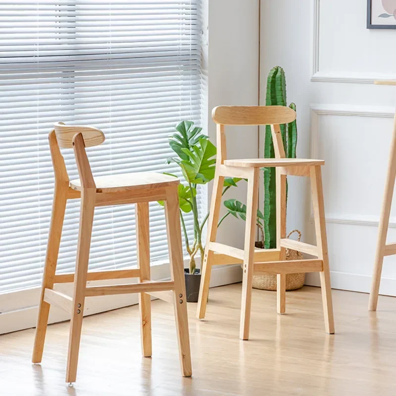 Solid Wood Backrest Bar Chair Checkout Counter High Stool Modern Milk Tea Shop Back Chair Nordic Retro Bar Furniture