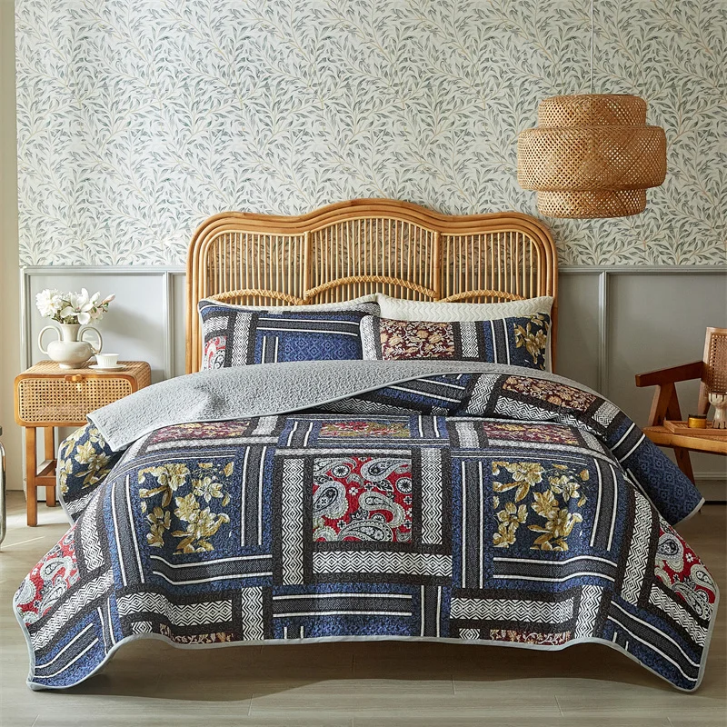 3pcs/set Bedspread Set,American Style Bed Cover+Pillowcase,Pastorl Home Patchwork,Mattress Topper Sheet Blanket Twin King Full