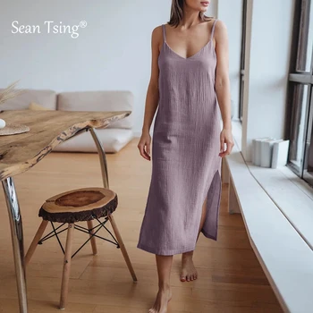 100% Cotton Woman's Dresses Sexy Spaghetti Strap Sleeveless Open Side Sundress Summer Long Maxi Female Dress vestidos para mujer 1