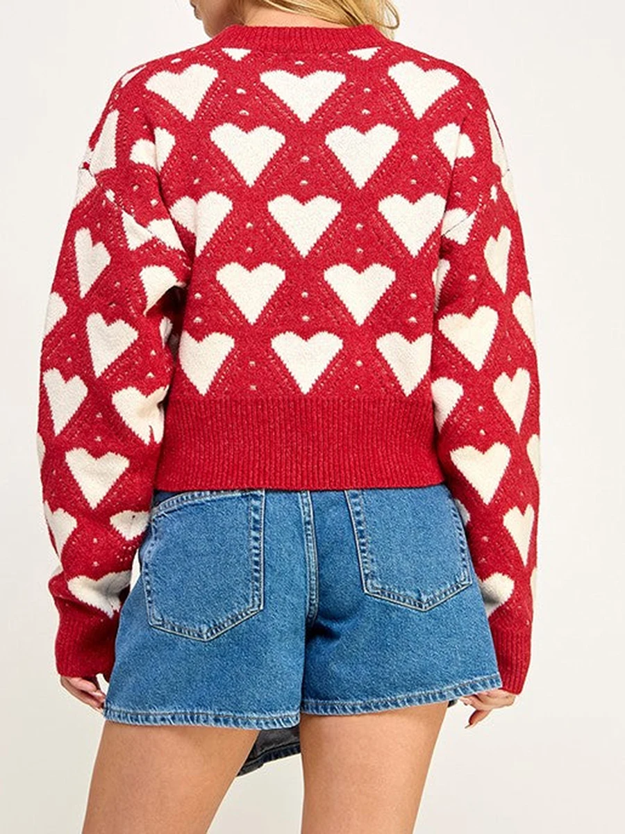Valentine s Day Women s Heart Print Crew Neck Sweater Long Sleeve Pullover Knit Top Casual Streetwear Fashion Trend