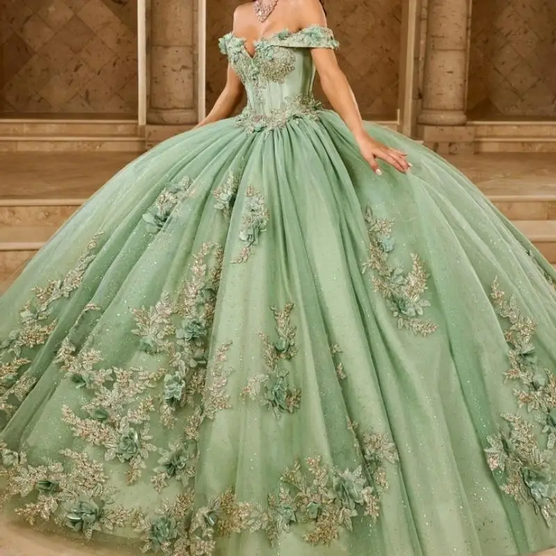 Sage Green Gorgeous Ball Gown Quinceanera Dresses Appliques Flower Beading Bow Vestidos 15 De XV A&ntilde;os Sweet 16
