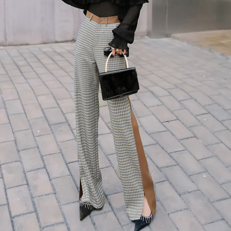 

Длинные брюки в клетку, женские брюки с высокой талией и широкими штанинами на весну и лето, Новые повседневные брюки с принтом