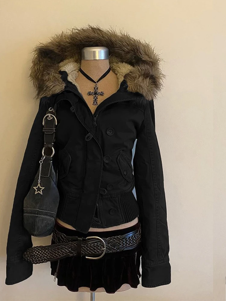 Faionable Vintage Brown Fce Lined Jaet Women's Slimming Outerwear f Sp Girl Original Design Hat Attached Zipper ...