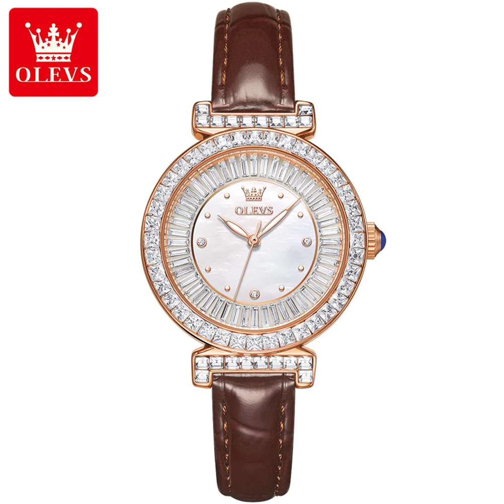 ساعة أوليف كوارتز ماسية بالكامل للنساء ، حزام جلدي...