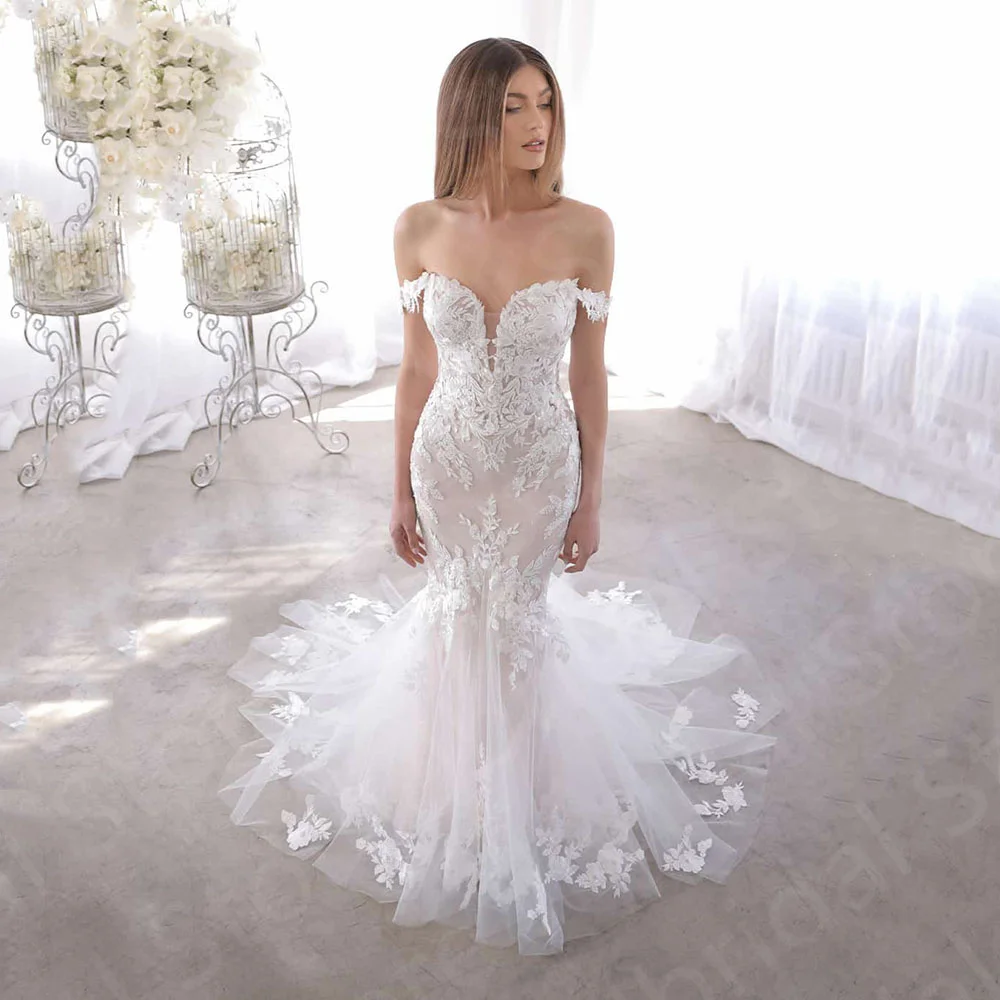 

2023 Elegant Mermaid White Wedding Dresses Lace Sweetheart Bridal Gowns Off Shoulder Bride Bare Back Appliqued