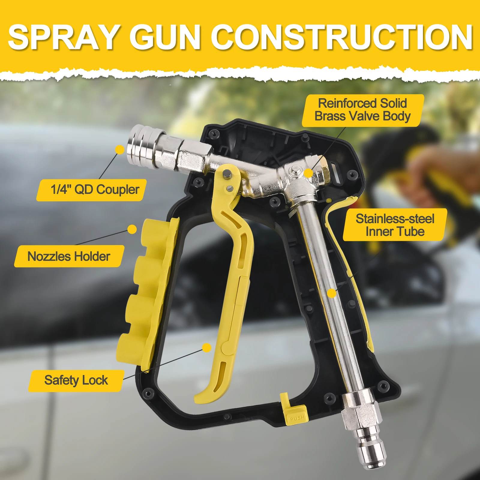 고압 세척기 짧은 스프레이 건 최대 5000 PSI, 1/4인치 퀵 커넥터 및 3/8인치 퀵 플러그, 노즐 팁 홀더 포함