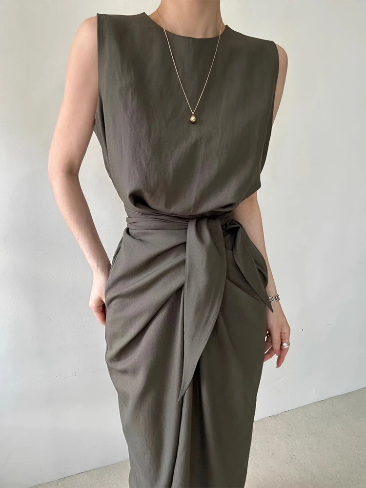 Image of Korejpaa Korean Fashion Summer Dress Elegant Round Neck Twisted Tie Design Waist Slimming Vest Dresses Women Clothes Vestido