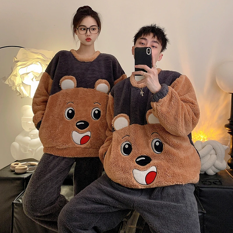

Cartoon Bear Winter Pajama Sets Pyjamas Women Sleepwear Home Wear Men Pijama Clothes Flannel Couple Loungwear Lovers Set