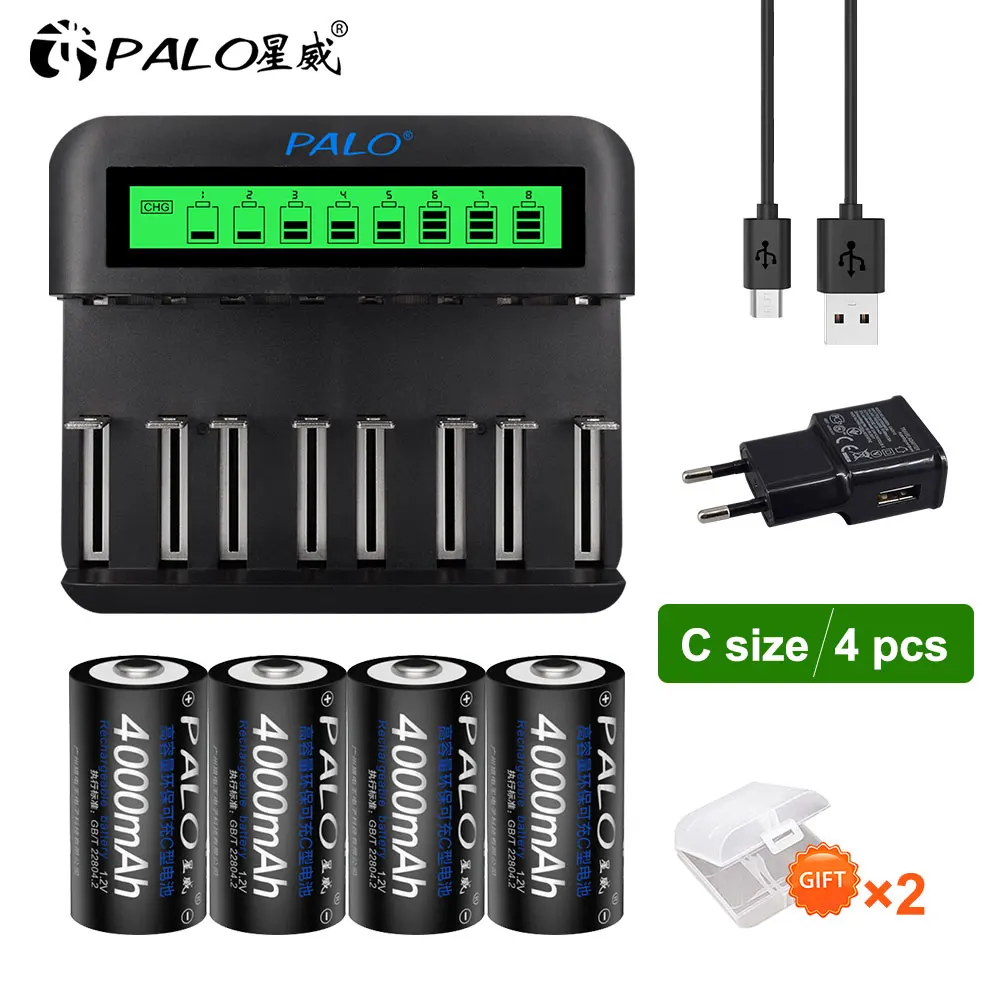 

PALO R14 C Cell battery C size rechargeable battery 1.2V 4000mAh NI-MH C Batteries for Flashlight Gas Cooker with LCD charger