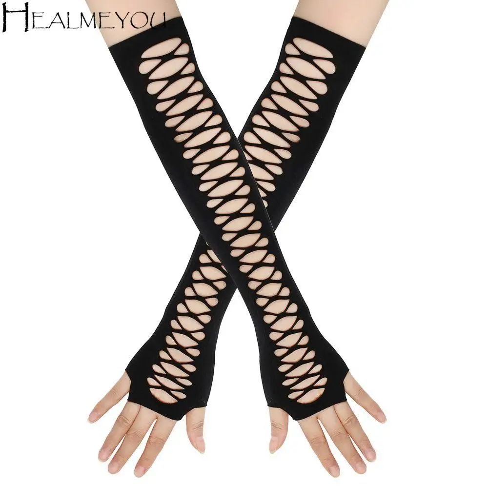 Women Long Gloves Stretchy Cross Hollow Gloves Sexy Fishnet Mesh Fingerless Gloves Black Mittens Cosplay Arm Covers elastic arm sleeve wrist mittens women covered sexy long fingerless sunscreen driving gloves 2020 summer black lady lace gloves