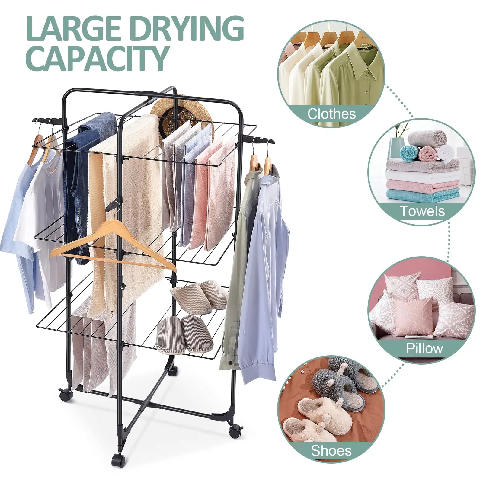 Clothes Drying Rack, 3-Tier Folding Indoor Laundry Drying Rack with Wheels 4 Hooks, Metal 6