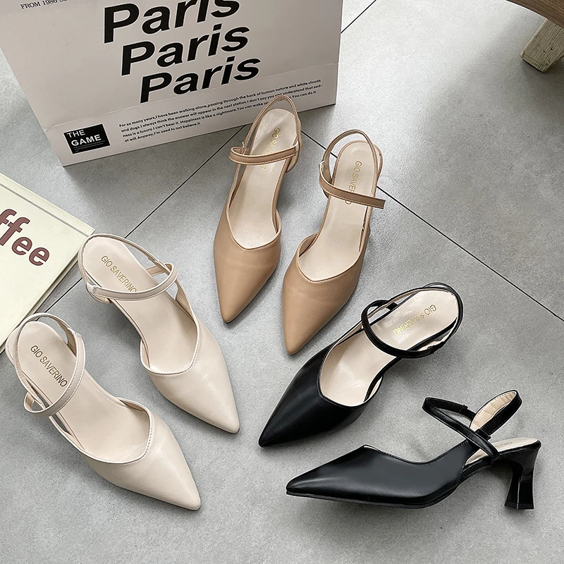 Sandals Women's High Heels Summer Wild Chunky Heels Ankle-Strap Pumps Ladies Sexy Leather Closed Toe Back Empty Fashion Shoes